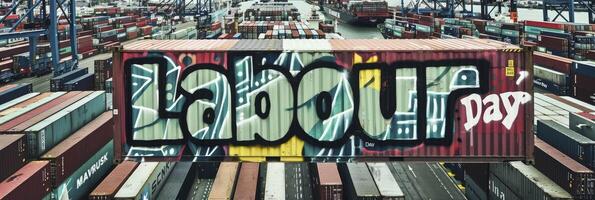 AI generated Labour Day Celebration, Text Adorned on Shipping Container, Honoring Workers Contributions photo