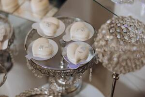 almendra galletas, dulce pasteles para un Boda banquete. un delicioso recepción, un lujoso ceremonia. mesa con dulces y postres delicioso vistoso francés postres en un plato o mesa. caramelo bar. foto