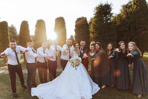 Wedding photo session in nature. The bride and groom kiss and their friends