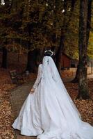 A brunette bride in a white dress with a long train holds the dress and walks down the path covered with autumn leaves. Wedding photo session in nature. Beautiful hair and makeup. Celebration