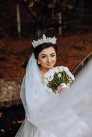 retrato. un morena novia en un velo y un elegante corona poses y olfatea su ramo. plata joyas. hermosa maquillaje y cabello. otoño boda. celebracion foto