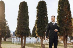 Portrait of a handsome young groom on an autumn day outdoors in an elegant suit. Outdoor photo. Handsome man in a business suit. photo