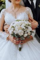 A young bride and groom tenderly embrace in the rays of the autumn sun. Tender and beautiful young girl bride. A man kisses his beloved. Against the background of a beautiful garden photo