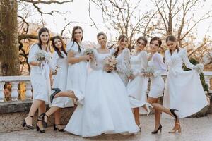 Wedding photography. A brunette bride in a white dress with a bouquet and her brunette girlfriends photo