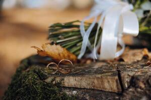 Two wedding rings on a wooden stand photo