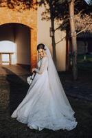 A brunette bride in a white dress with a long train holds the dress and walks down the stone path. Autumn. Wedding photo session in nature. Beautiful hair and makeup. celebration