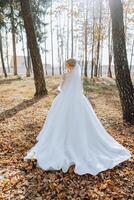 A blonde bride in a white dress with a long train holds the dress and walks down the path covered with autumn leaves. Wedding photo session in nature. Beautiful hair and makeup. Celebration