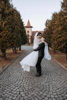 Boda Pareja en un caminar en el otoño parque. el novia en un hermosa blanco vestido. amor y relación concepto. novio y novia en naturaleza al aire libre foto