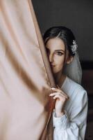 Closeup brunette bride with fashion wedding hairstyle and makeup. A youthful bride with a sophisticated bridal hairdo indoors by a window photo