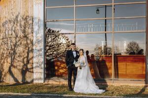 Boda Pareja en un caminar en el otoño parque. el novia en un hermosa blanco vestido. amor y relación concepto. novio y novia en naturaleza al aire libre foto