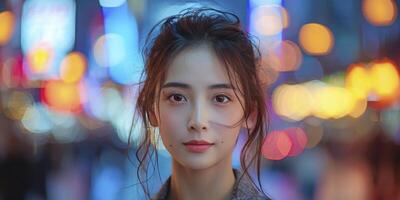 ai generado urbano elegancia, chino joven mujer radiante belleza en medio de el bullicioso paisaje urbano foto
