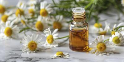 AI generated Chamomile Essential Oil in a Glass Bottle, Resting on a Luxurious Marble Background. Close-up of Chamomile Flowers, Perfect for Spa and Herbal Medicine Treatments photo