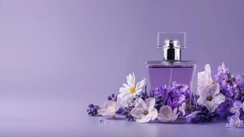 ai generado fragante elegancia perfume botella adornado con púrpura y blanco flores en contra un Violeta antecedentes foto