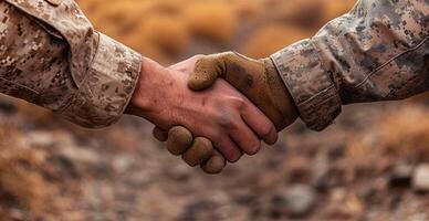 AI generated Military shake hands, peace negotiations, end of war - AI generated image photo
