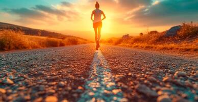 AI generated Running girl at sunset, sports jogging, healthy lifestyle - AI generated image photo