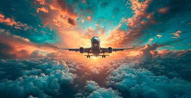 AI generated A commercial civil aircraft flies above the clouds in the bright sun. Travel and transport concept - AI generated image photo