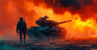 AI generated Military armored tank, soldier tanker on the battlefield, military conflict - AI generated image photo
