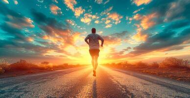 AI generated Running man at sunset, sports jogging, healthy lifestyle - AI generated image photo