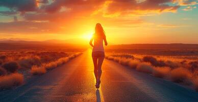 AI generated Running girl at sunset, sports jogging, healthy lifestyle - AI generated image photo