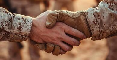 ai generado militar sacudir manos, paz negociaciones, final de guerra - ai generado imagen foto