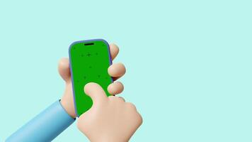 Human cartoon cgi hand animated in 3d editor holding a smartphone with a green mockup screen on a blue background. Funny 3d rendered hand using the mobile phone and scrolling. video