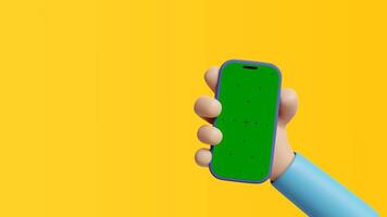 Human cartoon cgi hand animated in 3d editor holding a smartphone with a green mockup screen on a yellow background. Funny 3d rendered hand using the mobile phone. video