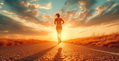 ai generado corriendo niña a atardecer, Deportes correr, sano estilo de vida - ai generado imagen foto