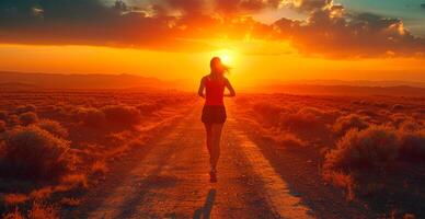 ai generado corriendo niña a atardecer, Deportes correr, sano estilo de vida - ai generado imagen foto