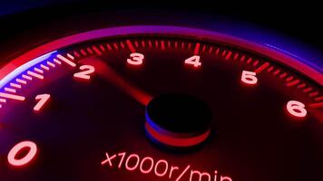 Shaking neon tachometer close up with arrow showing fast increasing rotation speed of the engine and decreasing speed while the gear shift. CGI motion design on a dark background. 3D animation video