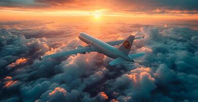 AI generated A commercial civil aircraft flies above the clouds in the bright sun. Travel and transport concept - AI generated image photo