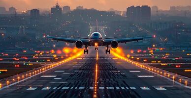 AI generated A commercial civil aircraft lands on the runway at the airport. Travel and transport concept - AI generated image photo