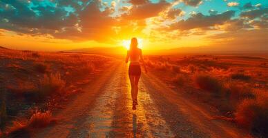 AI generated Running girl at sunset, sports jogging, healthy lifestyle - AI generated image photo