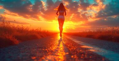 ai generado corriendo niña a atardecer, Deportes correr, sano estilo de vida - ai generado imagen foto