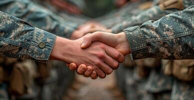 AI generated Military shake hands, peace negotiations, end of war - AI generated image photo