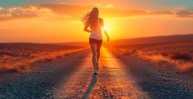 AI generated Running girl at sunset, sports jogging, healthy lifestyle - AI generated image photo