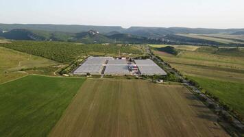 aereo Visualizza su serra fabbrica circondato di Grano campo nel campagna. campo di Grano soffiaggio nel il vento piace verde mare. agronomia, industria e cibo produzione. video