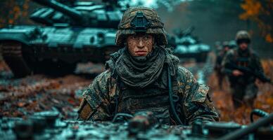 AI generated Military armored tank, soldier tanker on the battlefield, military conflict - AI generated image photo