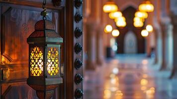 ai generato un' Ramadan lanterna sospeso su un' moschea video