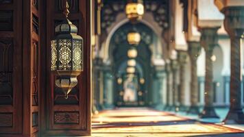 ai generiert ein Ramadan Laterne hängend auf ein Moschee video