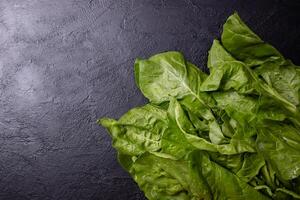 Chard leaves placed on a black table. photo