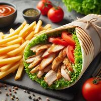 AI generated Durum Chicken Doner Kebab with salad photo