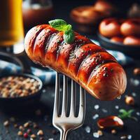 AI generated Hot Bavarian sausages with rosemary. Sausages on a fork sprinkled with rosemary. photo