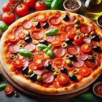 ai generado allí es un Pizza en parte superior de el mesa, cuales es lleno con Tomates, salami, y aceitunas foto