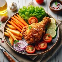 AI generated Crispy-fried chicken breast and legs served with a side of salad photo