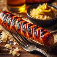 AI generated Hot Bavarian sausages with rosemary. Sausages on a fork sprinkled with rosemary. photo