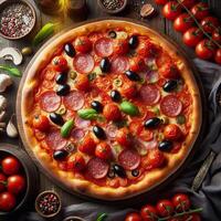 ai generado allí es un Pizza en parte superior de el mesa, cuales es lleno con Tomates, salami, y aceitunas foto