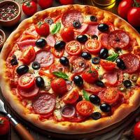 AI generated There is a pizza on top of the table, which is filled with tomatoes, salami, and olives photo