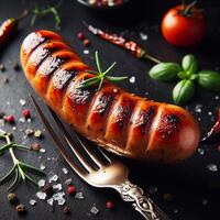 AI generated Hot Bavarian sausages with rosemary. Sausages on a fork sprinkled with rosemary. photo