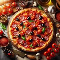 ai generado allí es un Pizza en parte superior de el mesa, cuales es lleno con Tomates, salami, y aceitunas foto