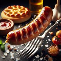 AI generated Hot Bavarian sausages with rosemary. Sausages on a fork sprinkled with rosemary. photo